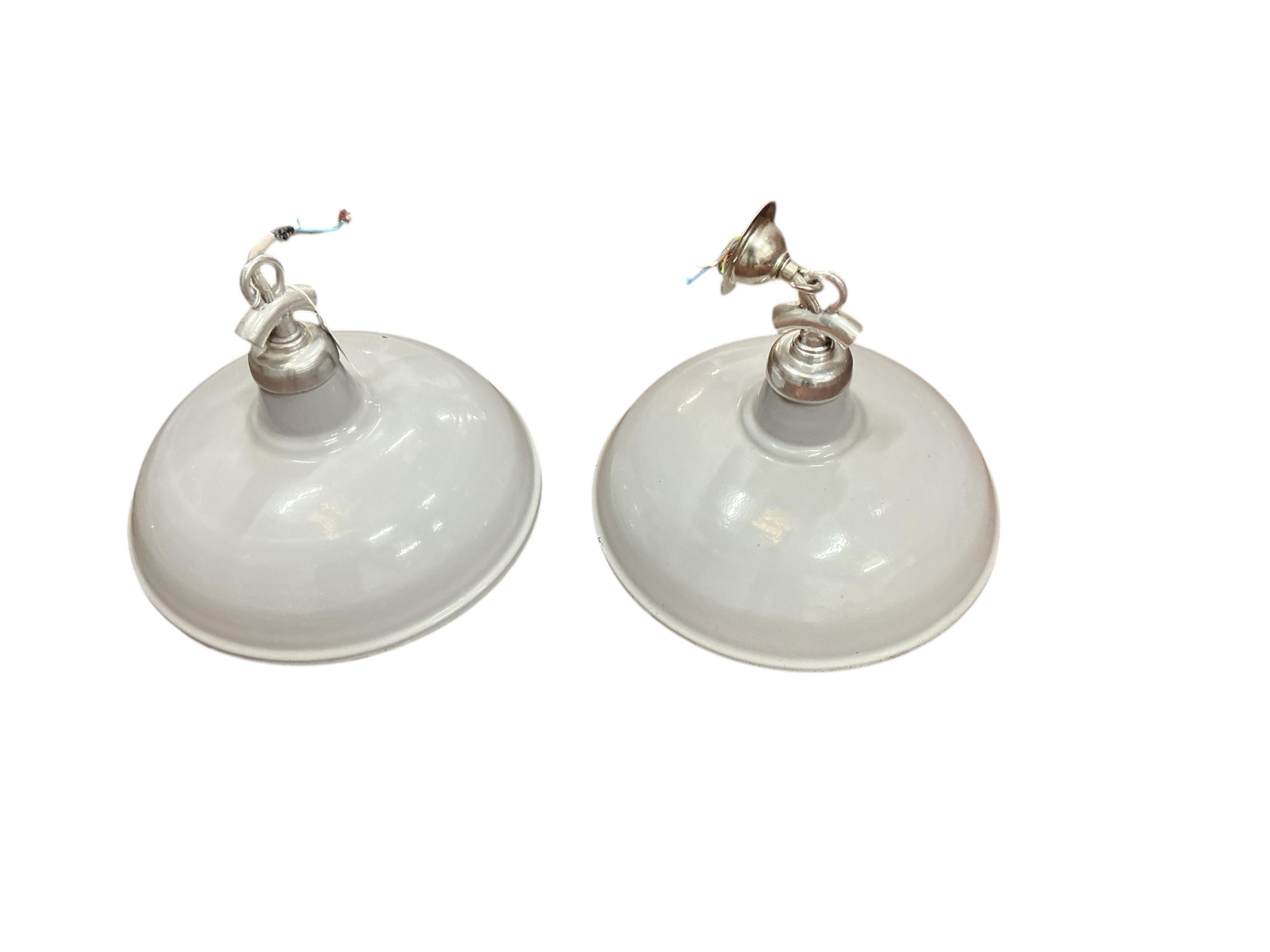 A pair of Industrial style circular ceiling shades, diameter 32cm, height 22cm